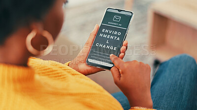 Buy stock photo Home, hands and woman on sofa, phone screen and subscription for climate change email. African person, apartment and smartphone with ecology activist, network for environment awareness and connection
