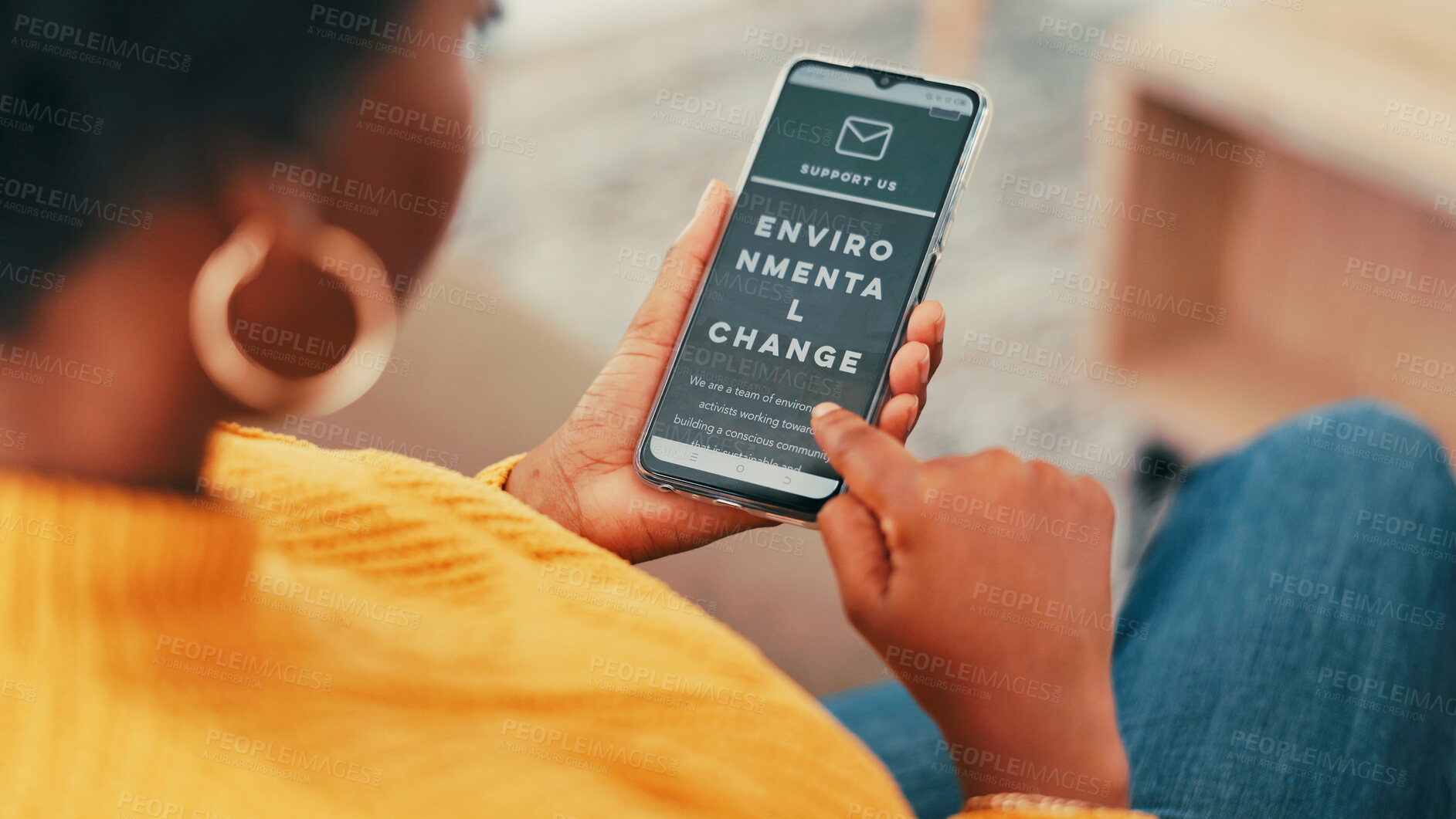 Buy stock photo Home, hands and woman on sofa, phone screen and subscription for climate change email. African person, apartment and smartphone with ecology activist, network for environment awareness and connection