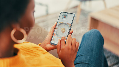 Buy stock photo Phone screen, hands and woman with food blog, scroll and article for recipe ideas. Apartment, living room and person with cellphone, social media or online reading for culinary or restaurant research