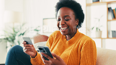Buy stock photo Home, credit card and black woman with smartphone, excited and online payment with smile. App, discount deal and African person on sofa, cellphone and banking for transactions, joy and savings growth