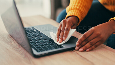 Buy stock photo Laptop, cleaning and hands of woman with sanitizer, alcohol wipes and hygiene in home. Person, computer and cloth in living room for disinfection, dirt removal and keyboard maintenance for protection
