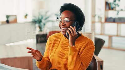 Buy stock photo Home, black woman and laptop with phone call for conversation, planning and startup ideas for freelancer. House, remote work and consultant with mobile for discussion, business and talking to contact
