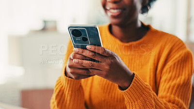 Buy stock photo Phone, hands and woman with smile, website search and article for weekend break. Apartment, living room and person with cellphone, social media or online reading for ebook or internet entertainment