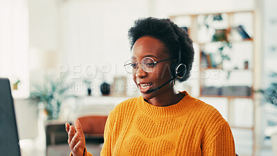 Buy stock photo Home, black woman and laptop with headset for call center, consulting and telemarketing for freelancer. Remote work, female person and business agent with mic for customer service, sales and talking