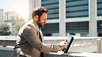 Business, tablet and man with internet, outdoor and connection with social media. Person, accountant and financial advisor with tech, scroll and urban town with digital app and email in New York