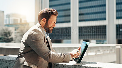 Buy stock photo Business, tablet and man with internet, outdoor and connection with fintech. Person, accountant and financial advisor with communication, scroll and urban town with digital app and email in New York