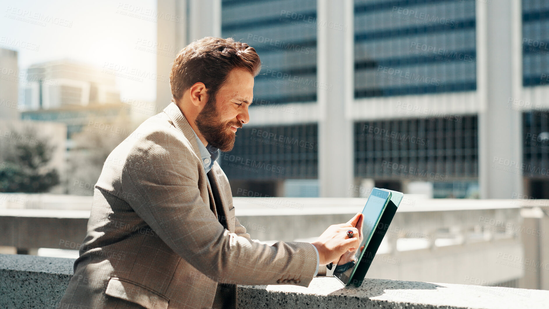 Buy stock photo Business, tablet and man with internet, outdoor and connection with fintech. Person, accountant and financial advisor with communication, scroll and urban town with digital app and email in New York