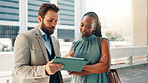 Tablet, rooftop and business people in discussion for planning company investment with stocks. Digital technology, strategy and manager with financial advisor for online with risk management in city.