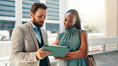 Buy stock photo Tablet, rooftop and business people in discussion for planning company investment with stocks. Digital technology, strategy and manager with financial advisor for online with risk management in city.