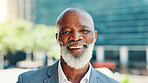 Business, portrait and smile of black man in city for career inspiration or opportunity. Architecture, location and real estate with mature employee outdoor for commercial property development