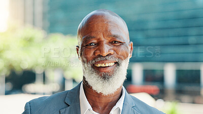 Buy stock photo Business, portrait and smile of black man in city for career inspiration or opportunity. Architecture, location and real estate with mature employee outdoor for commercial property development