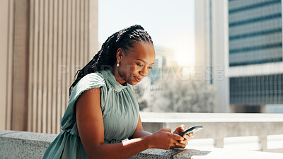 Buy stock photo Reading, phone and business with black woman in city for client email, networking app or urban planner. Feedback, building permit news and connection with person outdoor for real estate development
