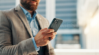Buy stock photo City, phone and hands of business man for networking, social media and website for contact. professional, corporate and person on smartphone for text message, email and online in town for travel. 