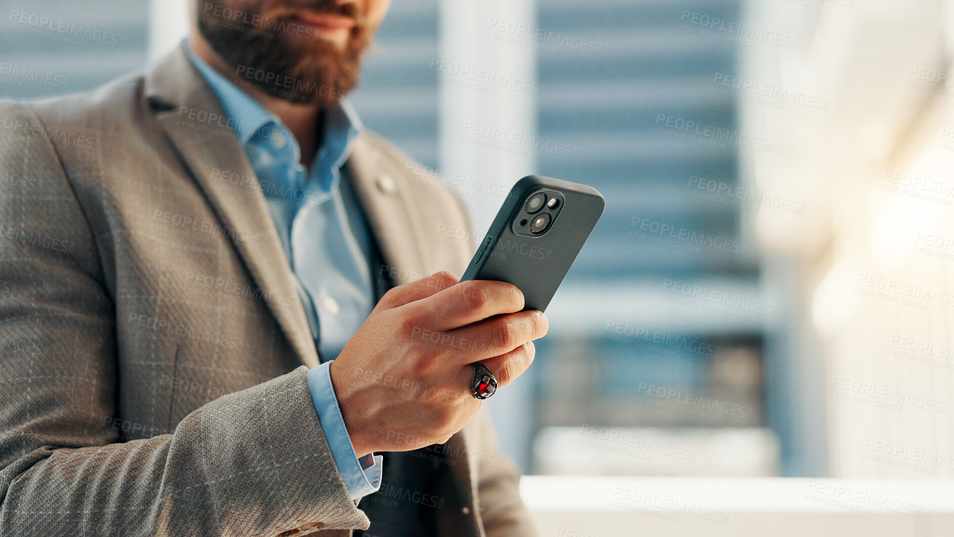 Buy stock photo City, phone and hands of business man for networking, social media and website for contact. professional, corporate and person on smartphone for text message, email and online in town for travel. 