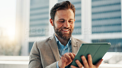 Buy stock photo Business, outdoor and man with tablet, scroll and internet with social media, network and communication. Email, accountant and financial advisor with tech, research and digital app in New York