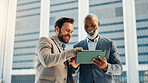 Business people, tablet and men in city, smile or conversation with profit growth. Happy employees, financial consultant or tax advisor with tech, website info or email for company review in New York