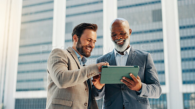 Buy stock photo Business people, tablet and men in city, smile or conversation with profit growth. Happy employees, financial consultant or tax advisor with tech, website info or email for company review in New York