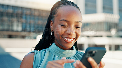 Buy stock photo Smile, phone and business with black woman in city for client email, networking app or urban planner. Feedback, building permit and connection with person outdoor for real estate development and chat