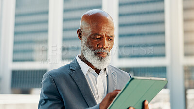 Buy stock photo Typing, tablet and business with black man in city for client email, networking app or urban planner. Feedback, building permit news and connection with mature person for real estate development
