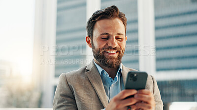 Buy stock photo Business, cellphone and man in city, scroll and connection with financial advisor, online reading and internet. Person, accountant and consultant with smartphone, investment and app in New York