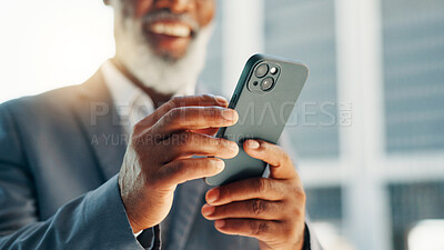 Buy stock photo City, phone and hands of businessman typing for b2b networking, social media and online for contact. Professional, corporate and person on smartphone for text message, email and website in town