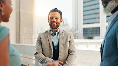 Buy stock photo Meeting, happy and teamwork with business man in city for real estate developer, partnership and discussion. Property realtor, urban planning and project with employees outdoors for collaboration