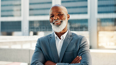 Buy stock photo Arms crossed, business and portrait of black man in city for career inspiration or opportunity. Architecture, building and real estate with mature property developer outdoor for commercial sale