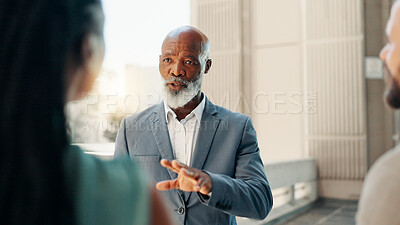 Buy stock photo Meeting, talking and teamwork with business man in city for real estate developer, partnership and discussion. Property realtor, urban planning and project with employees outdoors for collaboration