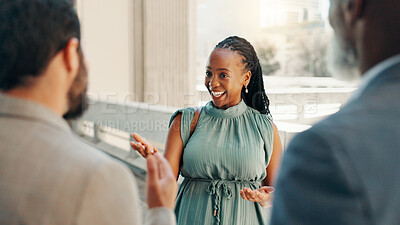 Buy stock photo Meeting, smile and talking with business people in city for real estate developer, partnership and discussion. Property realtor, urban planning and project with employees outdoors for collaboration