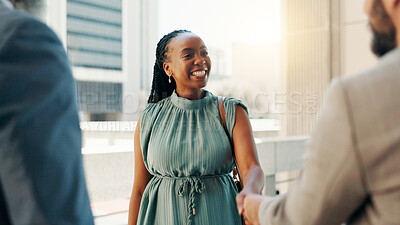 Buy stock photo Shaking hands, rooftop and business people with deal in town for finance with risk management meeting. Agreement, greeting and financial planner with client for investment negotiation with handshake.