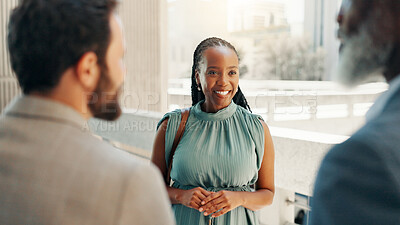 Buy stock photo Meeting, group and teamwork with business people in city for real estate developer, partnership and discussion. Property realtor, urban planning and project with employees outdoors for collaboration