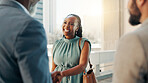 Shaking hands, rooftop and business people with negotiation in city for finance with risk management meeting. Agreement, greeting and financial planner with client for investment deal with handshake.