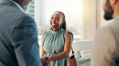 Buy stock photo Shaking hands, rooftop and business people with negotiation in city for finance with risk management meeting. Agreement, greeting and financial planner with client for investment deal with handshake.