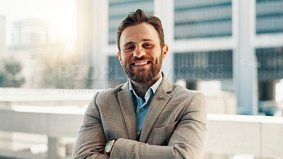 Buy stock photo Arms crossed, business and portrait of happy man in city for career inspiration or opportunity. Architecture, building and property with real estate agent outdoor downtown for commercial development