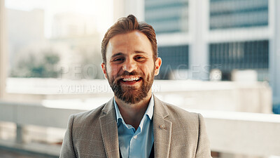 Buy stock photo Business, portrait and smile of happy man in city for career inspiration or opportunity. Architecture, building and property development with happy person outdoor downtown for commercial real estate