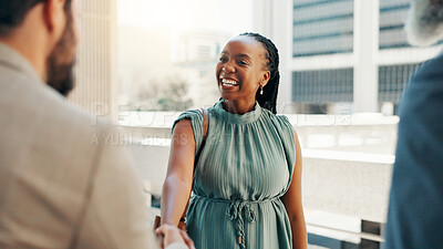 Buy stock photo Meeting, team and handshake with business woman in city for real estate developer, partnership and welcome. Property realtor, urban planning and project with employees outdoors for introduction