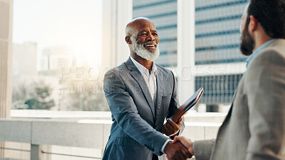 Buy stock photo Shaking hands, rooftop and business men with deal in city for finance with risk management contract. Agreement, greet and financial planner with client for investment negotiation with handshake.