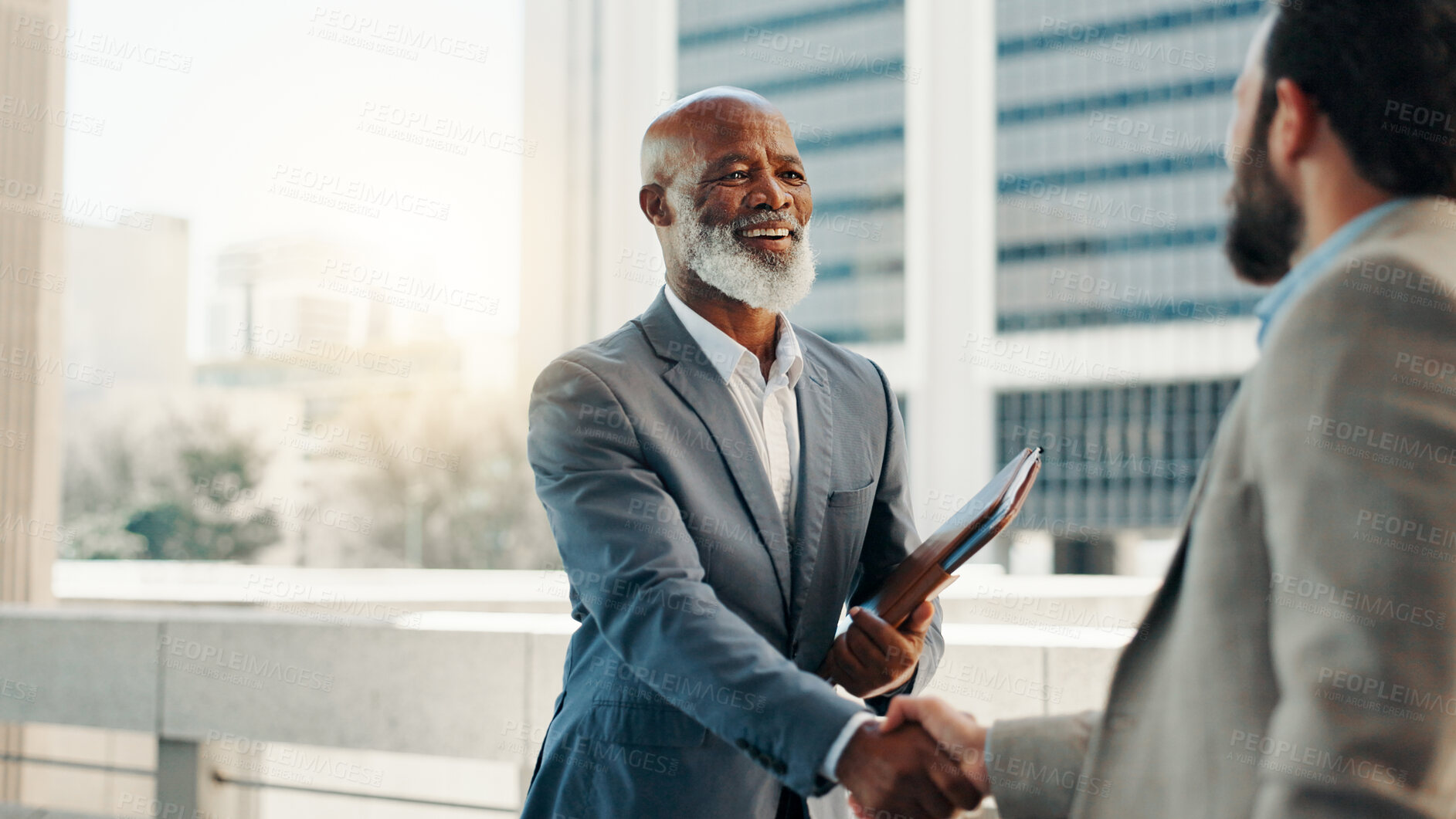 Buy stock photo Shaking hands, rooftop and business men with deal in city for finance with risk management contract. Agreement, greet and financial planner with client for investment negotiation with handshake.
