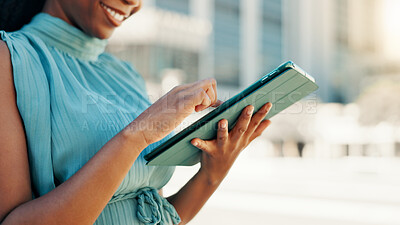 Buy stock photo Business, tablet and woman in city, hands and connection with social media, network and internet. Person, accountant and financial advisor with tech, online reading or urban town with app in New York