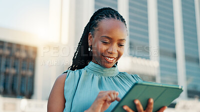 Buy stock photo Search, tablet and business with black woman in city for client email, networking app or urban planner. Feedback, building permit news and connection with person outdoor for real estate development