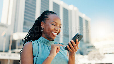 Buy stock photo Happy, phone and business with black woman in city for client email, networking app or urban planner. Feedback, building permit and connection with person outdoor for real estate development and chat