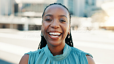 Buy stock photo Business, laughing and portrait of black woman in city for career inspiration or opportunity. Architecture, location and real estate with funny property developer outdoor downtown for commercial sale