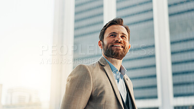 Buy stock photo Thinking, smile and business man in city for real estate developer, future and building vision. Urban planning, reflection and memory with person outdoor for space, property agent and opportunity