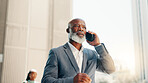 Business, commute and phone call with black man in city for communication, negotiation or travel. Confused, decision and walking with mature employee outdoor in urban town for problem solving
