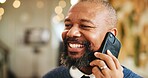 Happy, black man and conversation with phone call for communication or friendly chat at hotel. Male person, user or smile with mobile smartphone for fun discussion, check in or stay at luxury resort