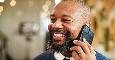 Buy stock photo Happy, black man or conversation with phone call at hotel for communication or friendly chat. Mature, male person or smile on bokeh with mobile smartphone for discussion, check in or space at resort