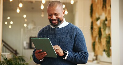 Buy stock photo Tablet, communication and businessman in hotel for online email with corporate conference with travel. Reading, technology and African finance CEO in accommodation for work trip at financial seminar.