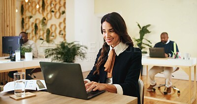 Buy stock photo Laptop, smile and typing woman journalist in office for editing or publishing. Business, computer and research with happy creative employee in workplace for online magazine article or report