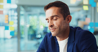 Buy stock photo Businessman, relax and thinking with pride for creative development, project or design at office. Man, employee or designer with smile for brainstorming, planning or productive notes at workplace