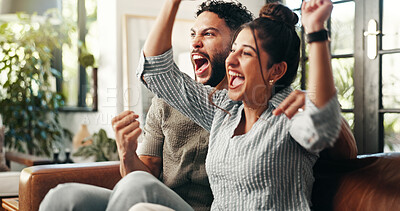 Buy stock photo Excited, couple and celebrate on sofa for sports, game and score on streaming subscription. Love, dating and man with woman on couch for entertainment, bonding and cheering for goals and winner